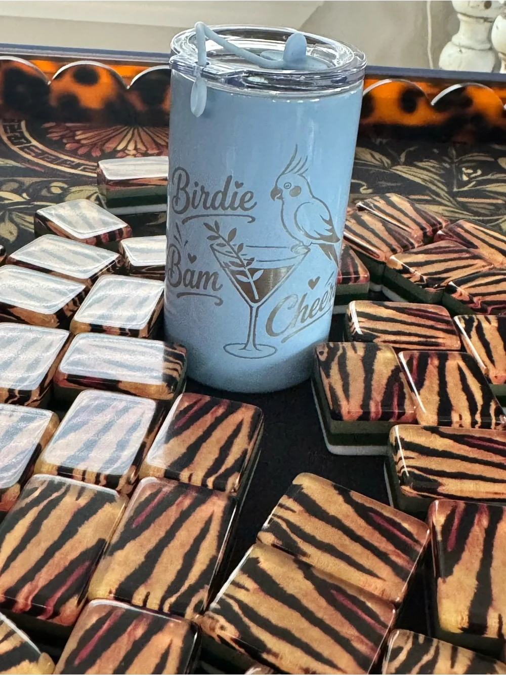 3 oz Insulated Shot Glass Keychain Mah Jong Birdie Bam Cheers Engraved